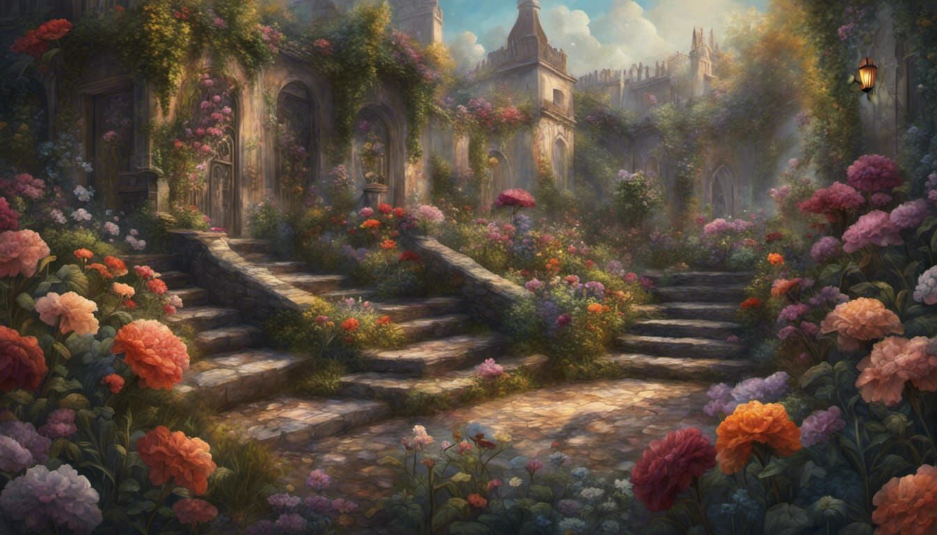 Detailed Oil Painting of a Fantastical Flower Garden