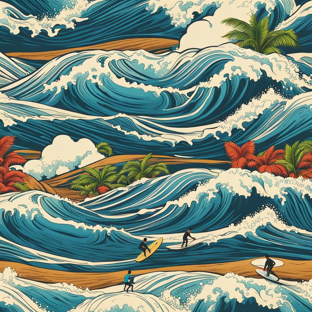 Surfers Ride Waves in Hawaii Landscape