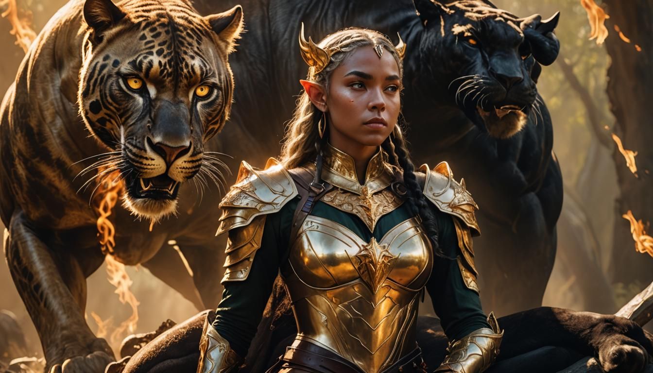 Elf on Panther in Golden Light, Hyperrealistic Art
