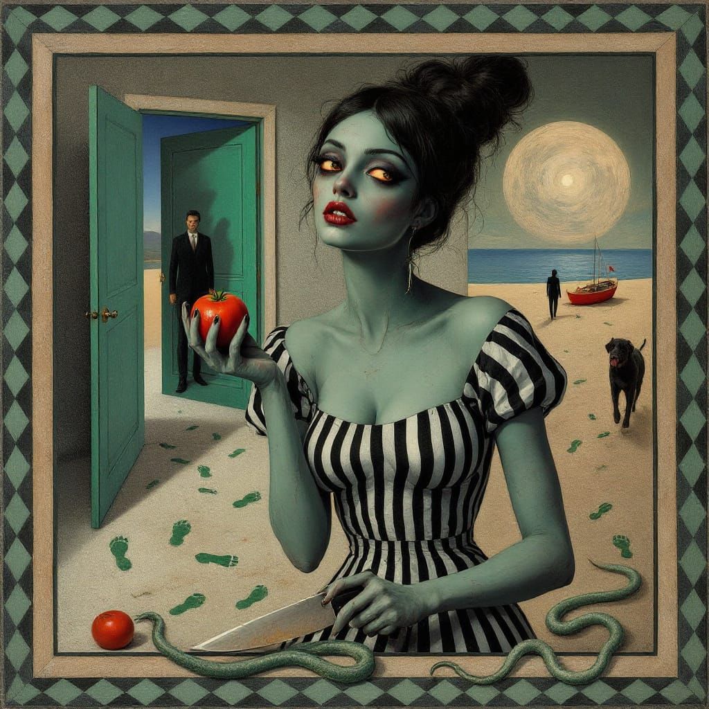 Surreal Woman Slices Tomato in Symbolic Landscape