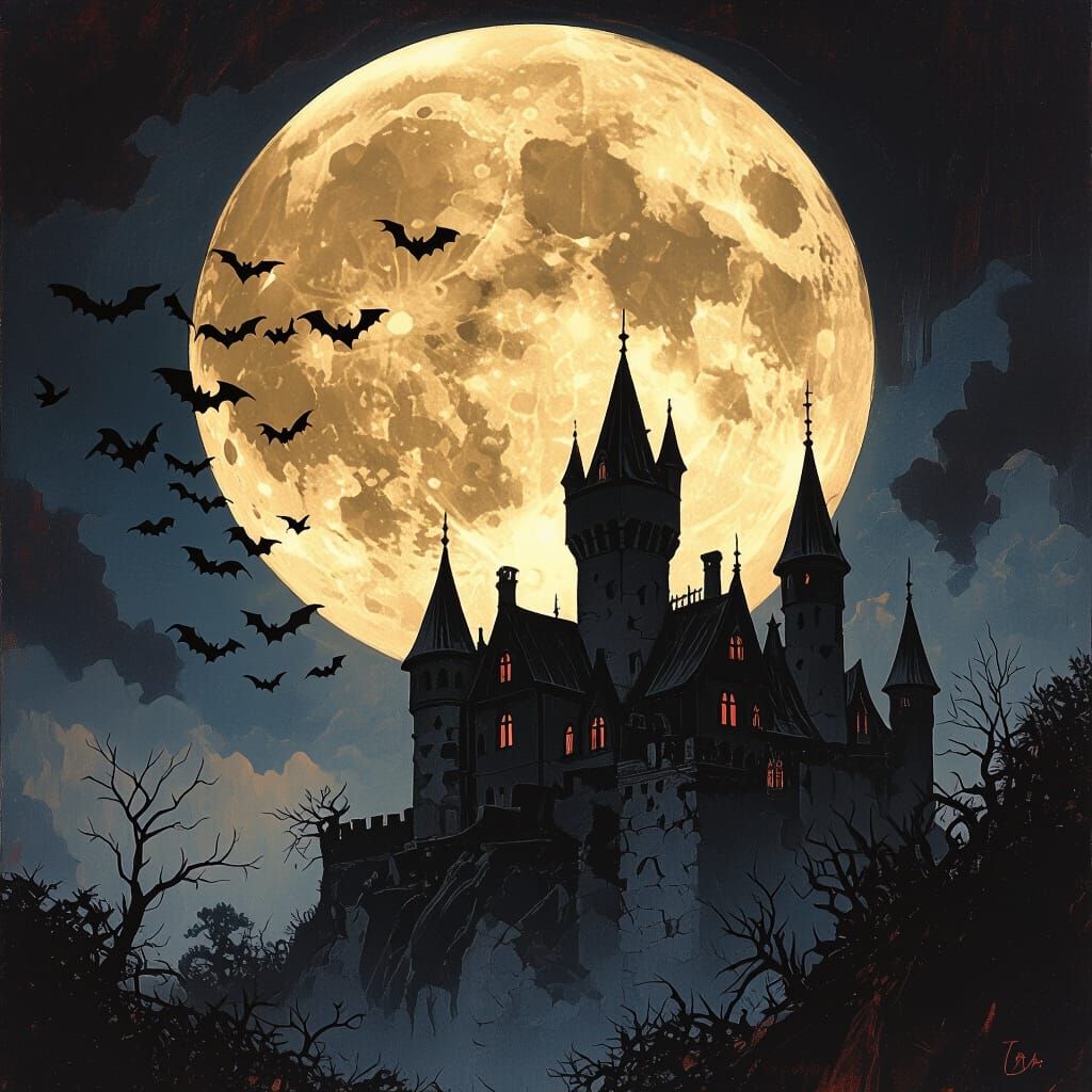 Blood Moon Over Dracula's Castle with Bats