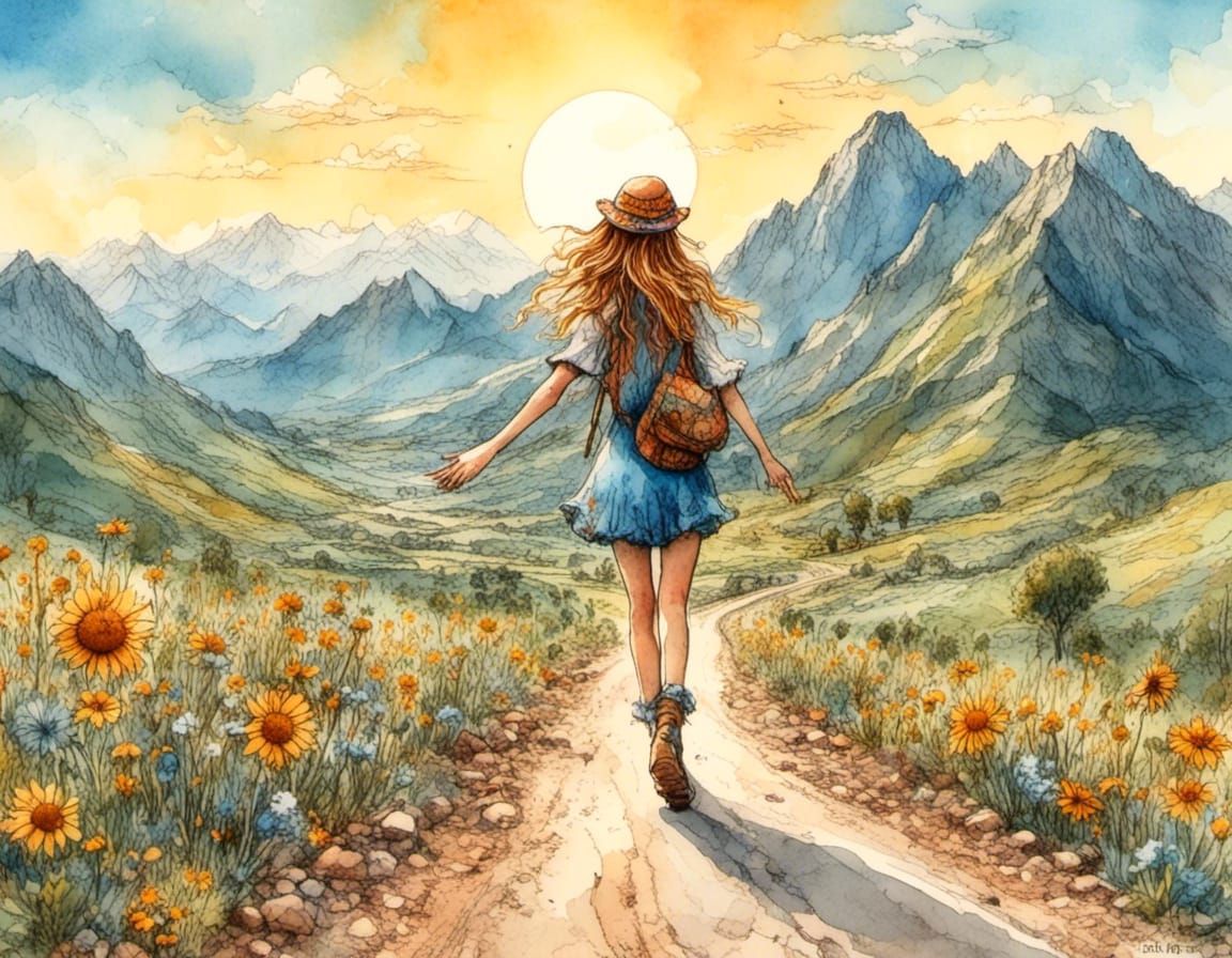 Hippie Girl Hitchhiking on Mountain Road