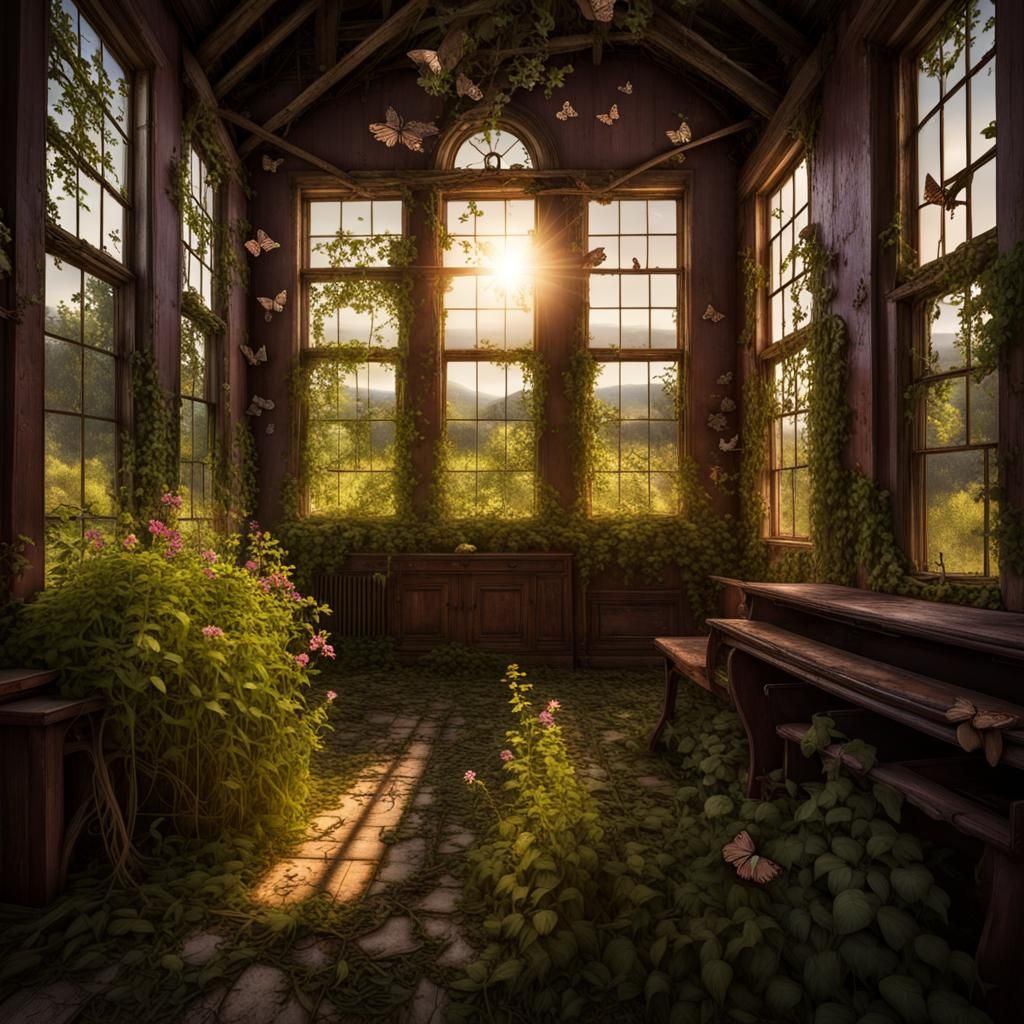 Overgrown Schoolhouse with Butterflies in 8k