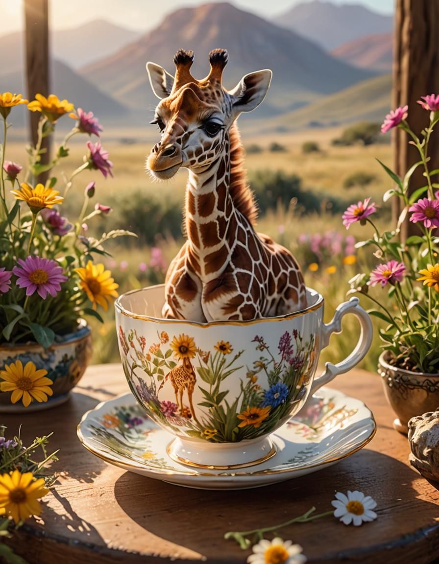 Surreal Giraffe Concept Art in Antique Tea Cup, African Sava...