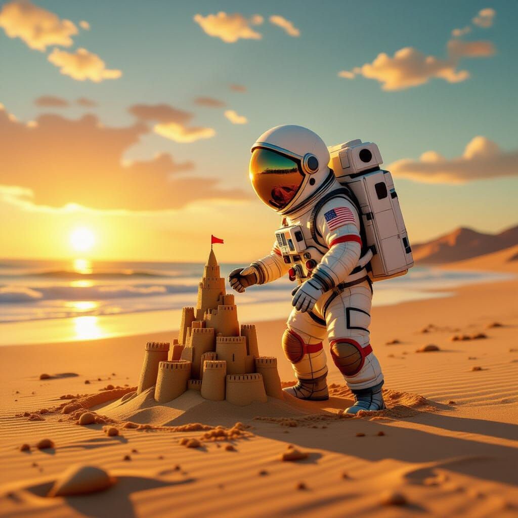Astronaut Builds Sandcastle on Mars in Surreal Style