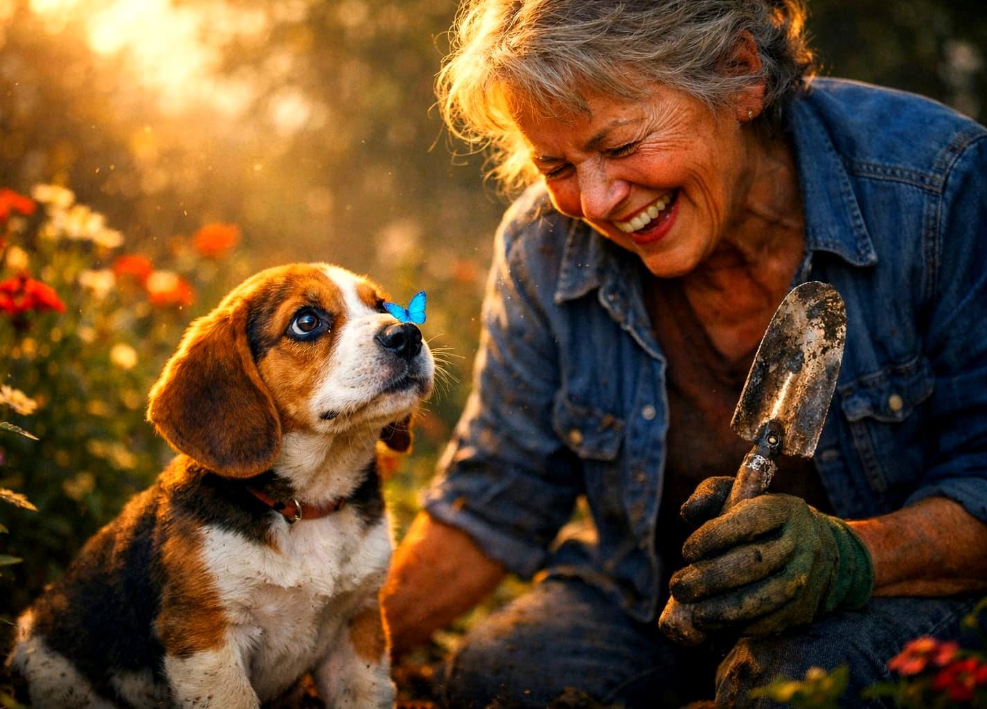Joyful Gardener and Beagle Puppy with Butterfly