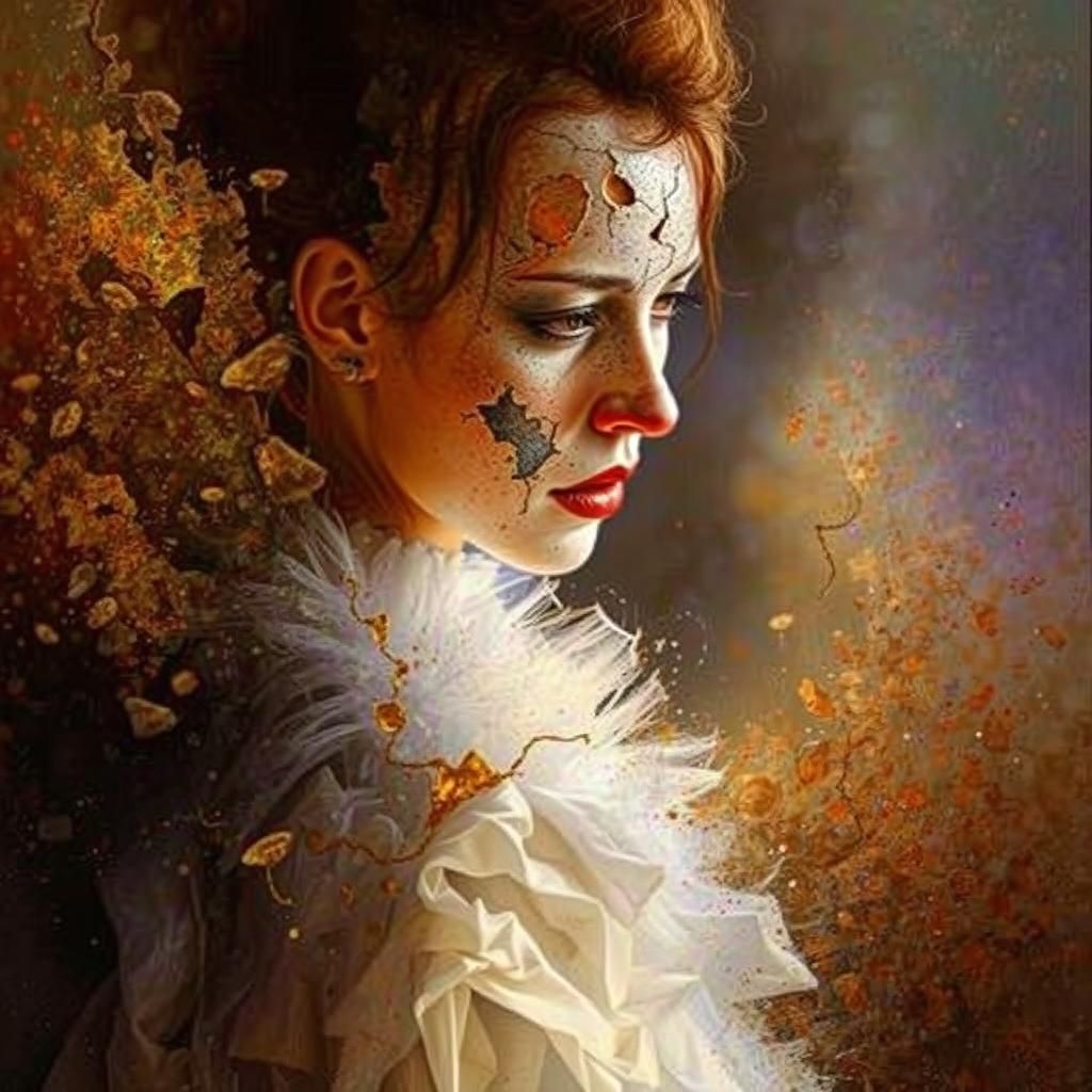 Grayscale Clown Face with Neon Cracks