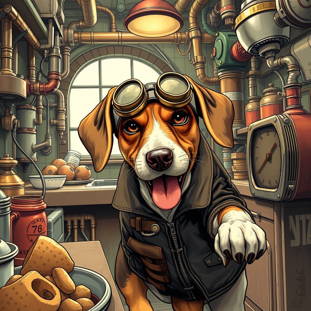 Steampunk Beagle Chasing Food in Vintage Kitchen