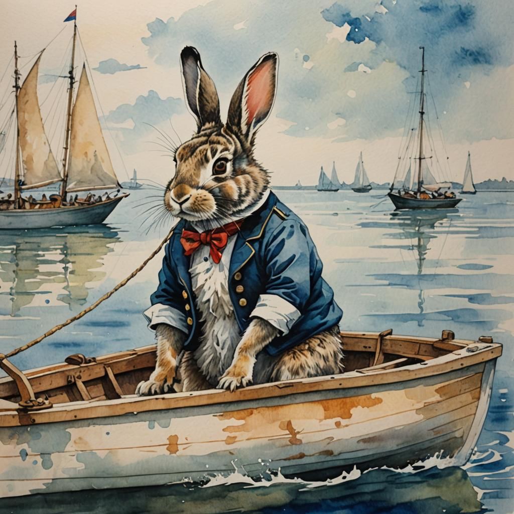 Bunny Sailor on a Boat, Watercolour Painting