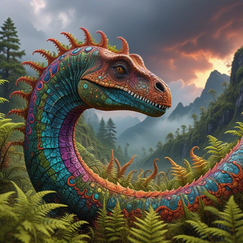 Apatosaurus Portrait in Psychedelic Jurassic Swamp