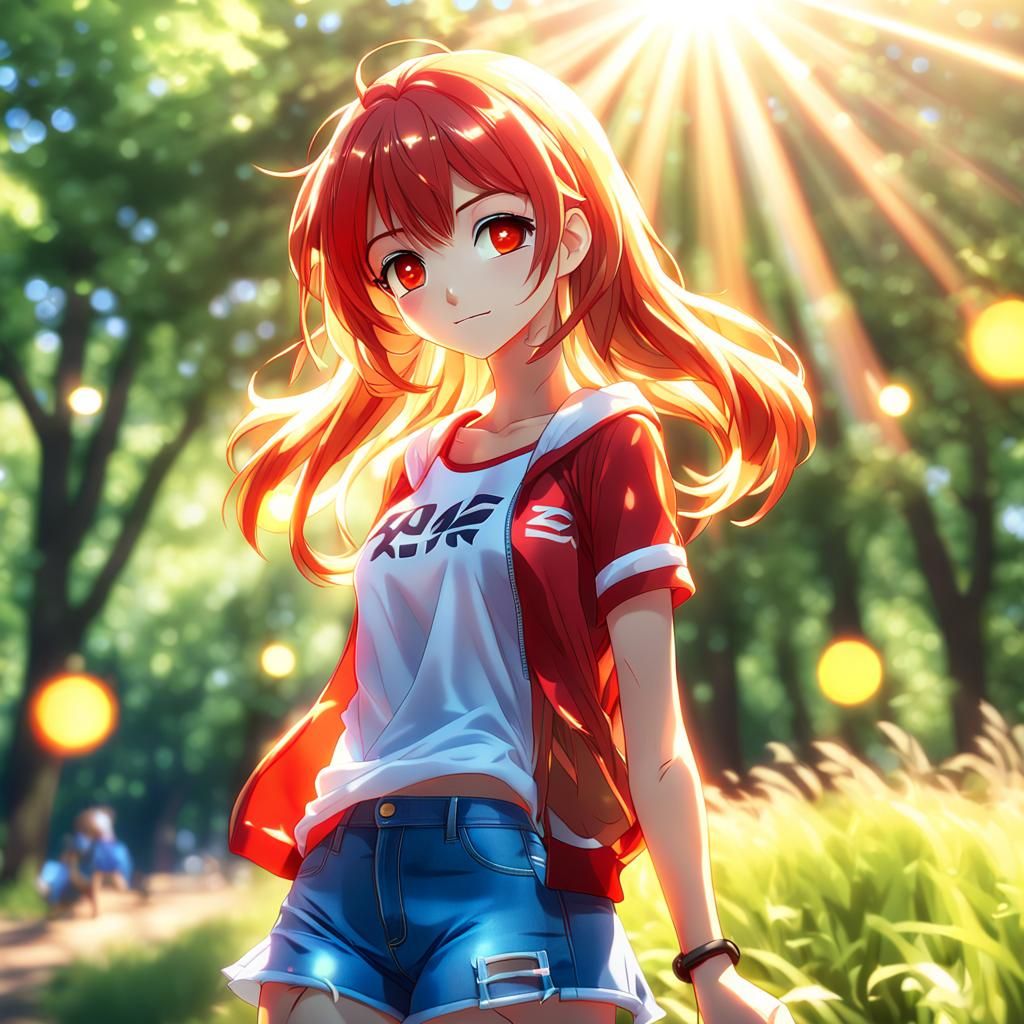 Beautiful Anime Woman in Red Dress at Sunset