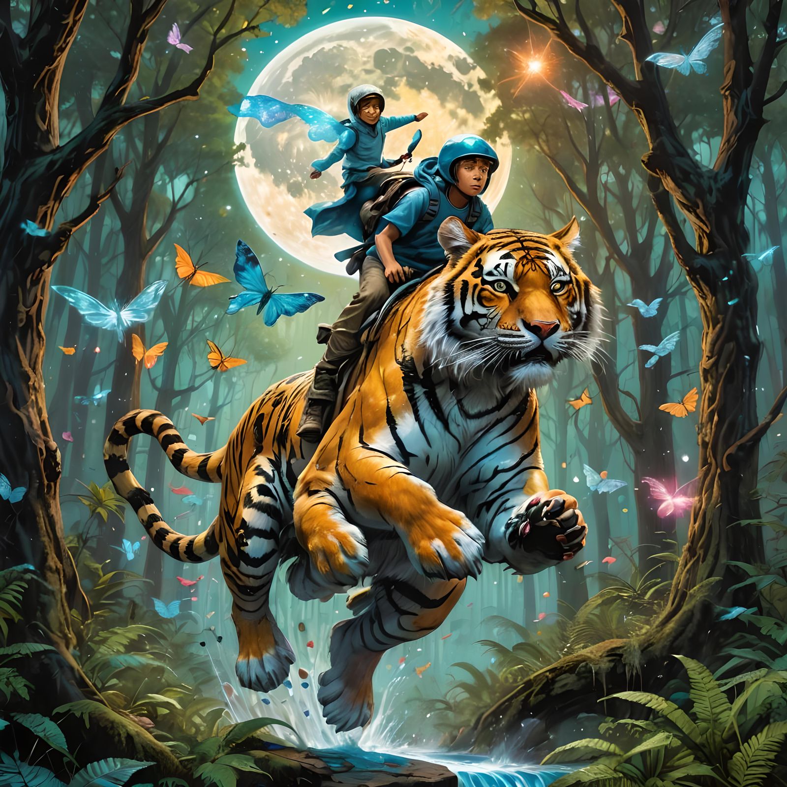 Boy on Tiger with Holographic Fairies, Graffiti Art