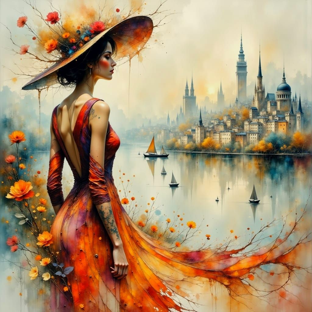 Cityscape Hat Reflection: Surreal Impasto Oil Painting