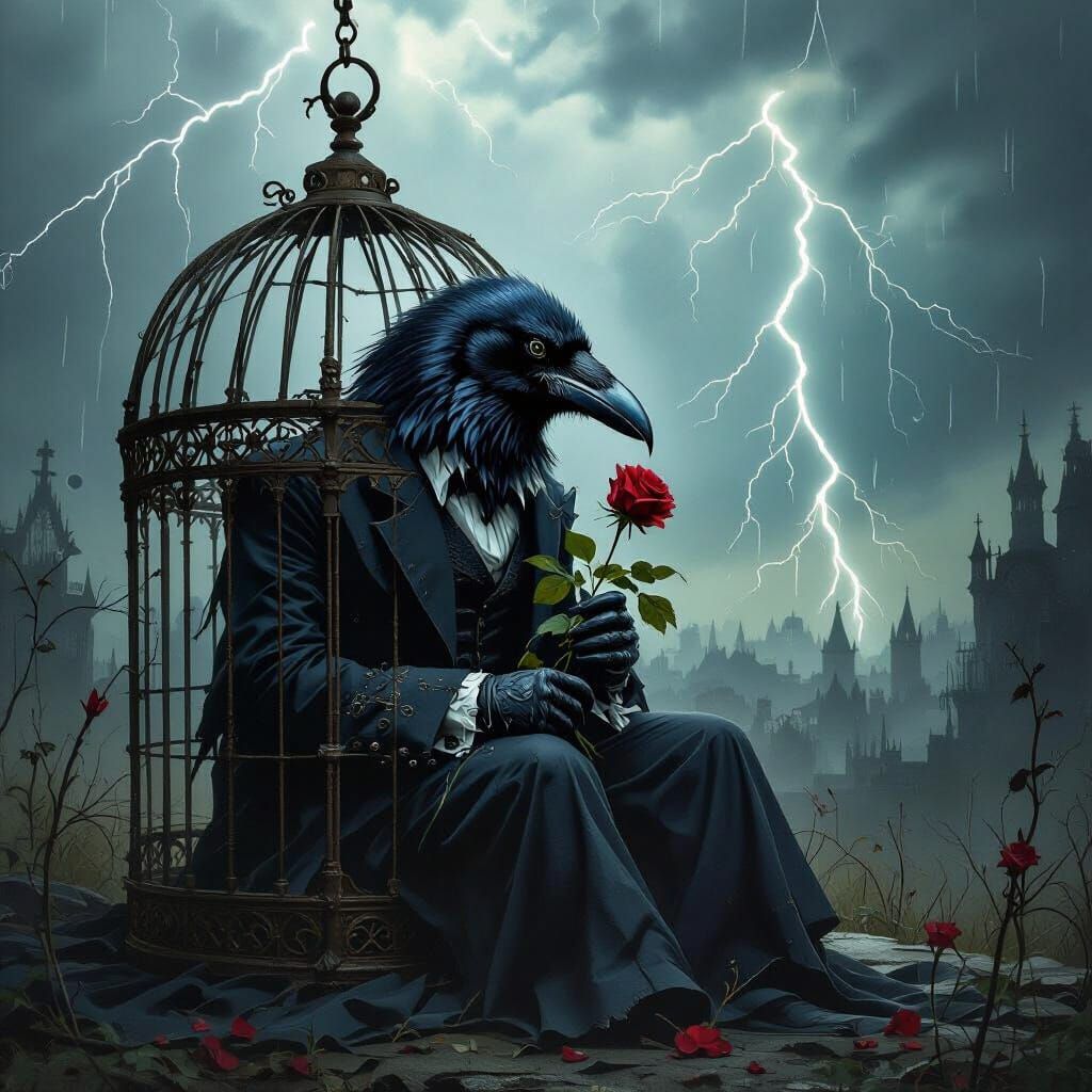 Gothic Raven in Stormy Cage, Victorian Style