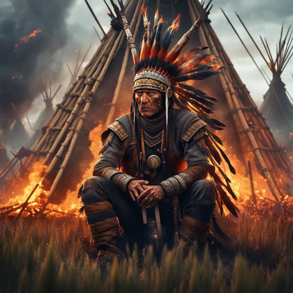 Mohawk Warrior Crying in Burning Field, Matte Painting