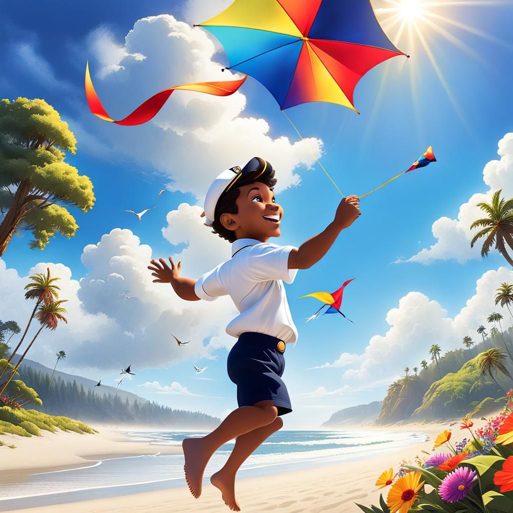 Boy Flying Kite on Beach as 3D Digital Art