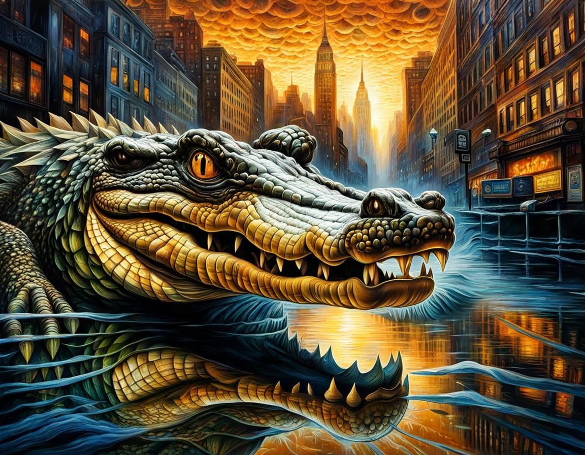 Crocodile Portrait in NYC Sewers, Surreal Art