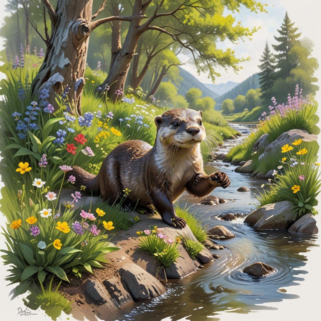 Playful Otter in Spring Meadow Landscape