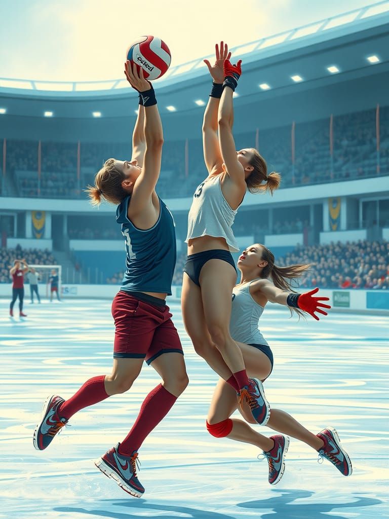 Icy Volleyball Match in Comic Book Style