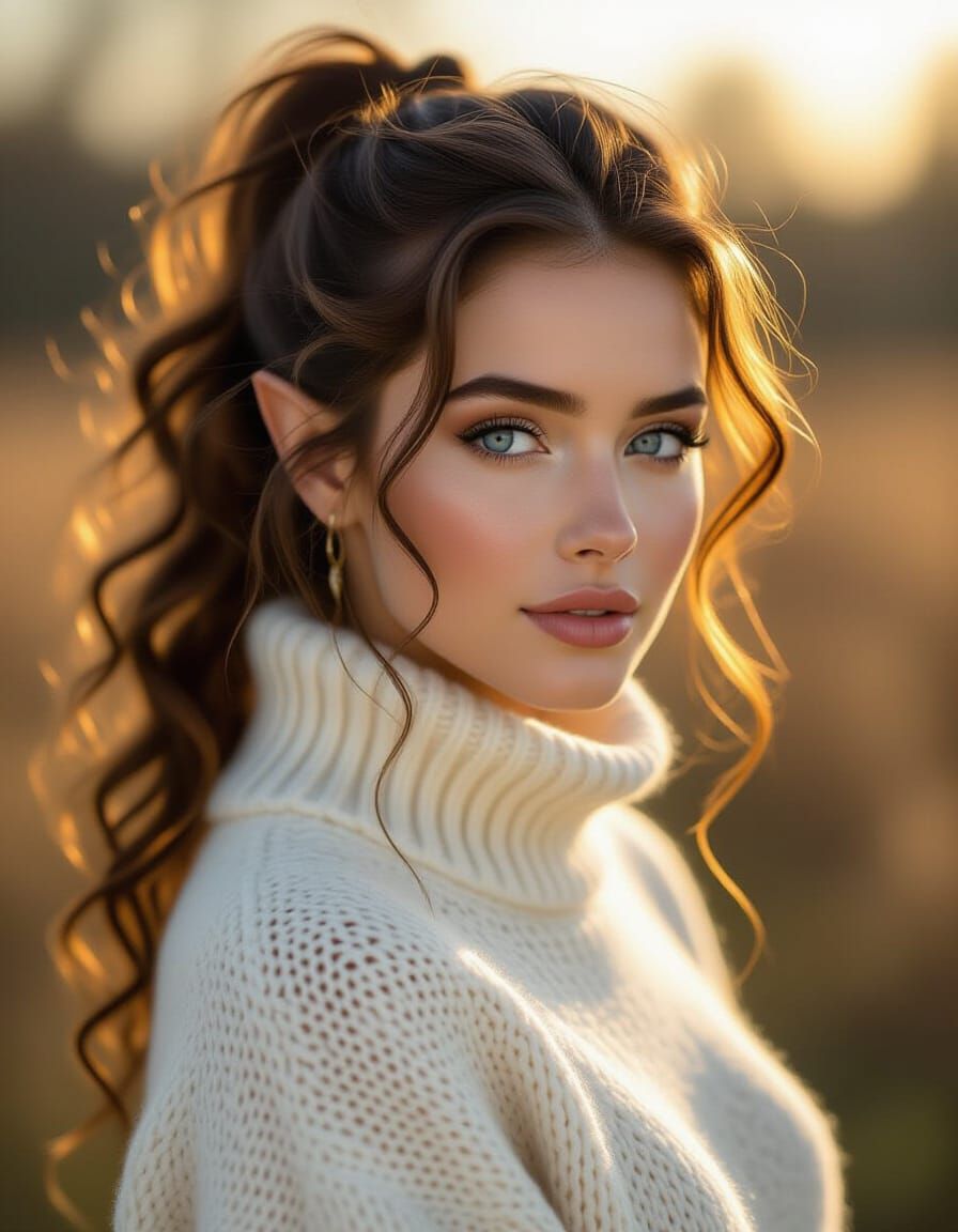 Photorealistic Elf Woman in White Jumper with Blue Eyes