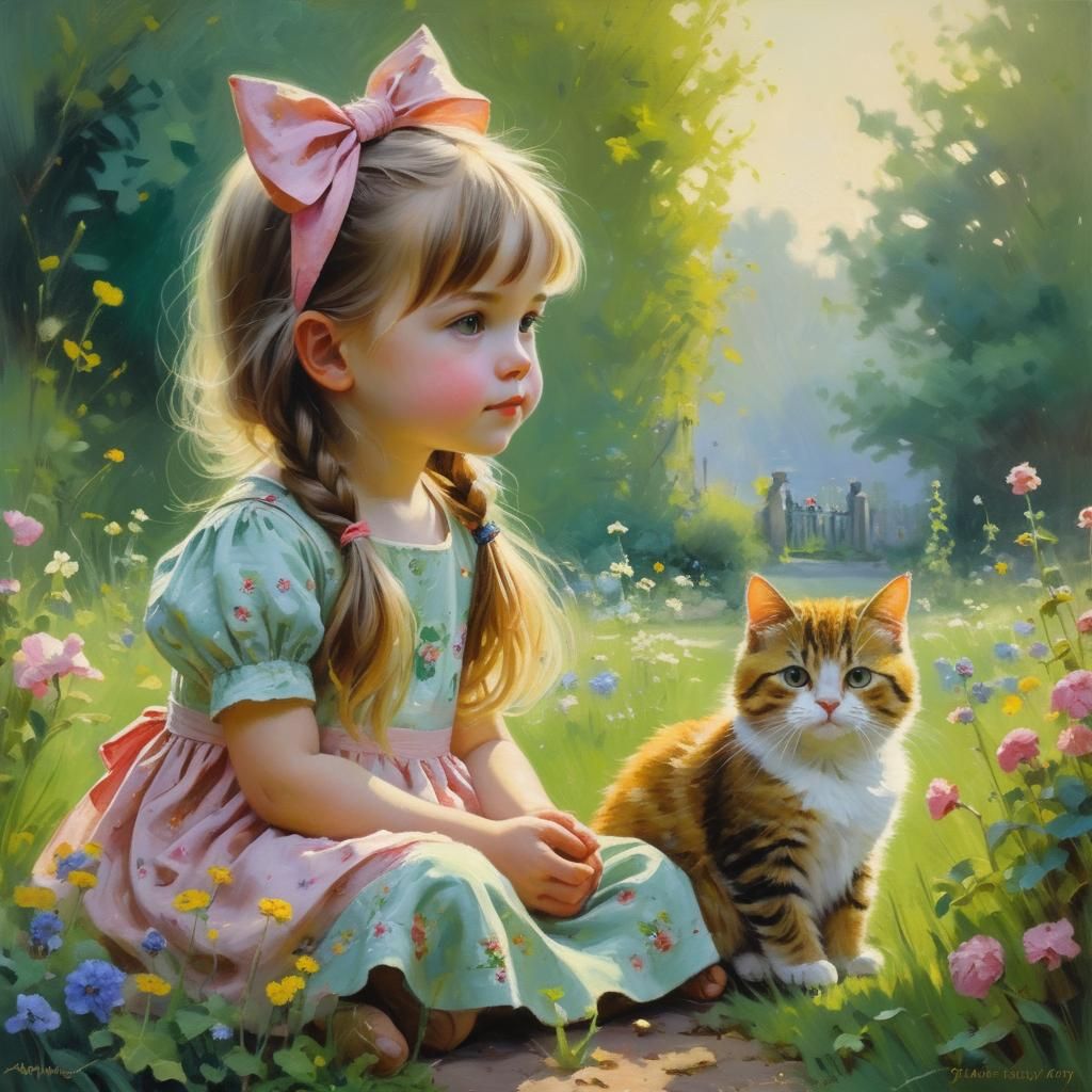 Girl with Cat in Flower Garden, Oil Painting