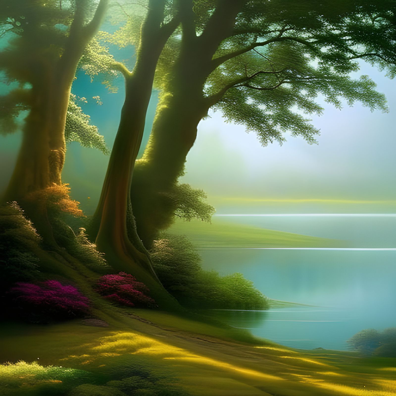 Ethereal Countryside Lake Scene in Realistic Style