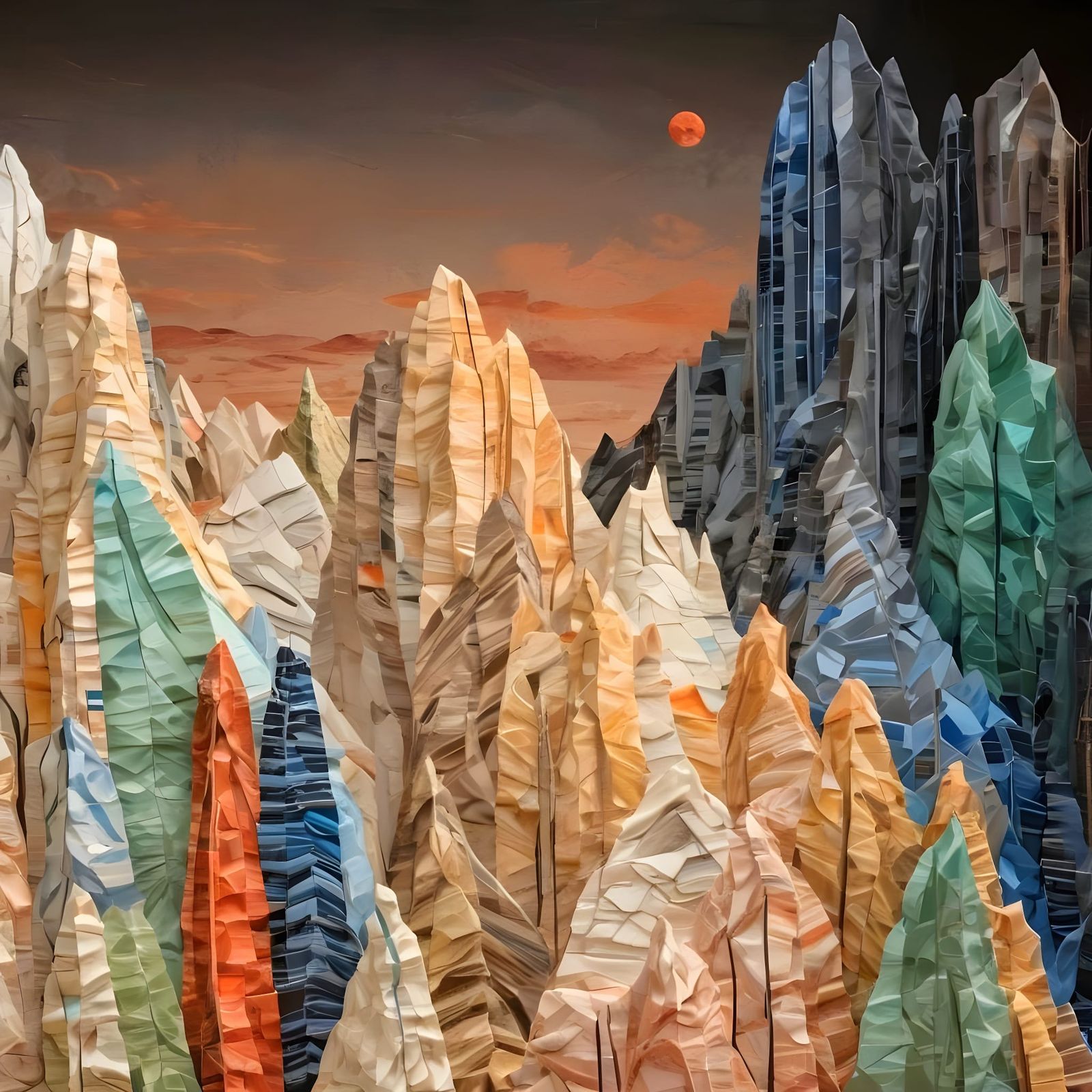 Colorful Fabric Sculpture of Abstract Mountain Landscape