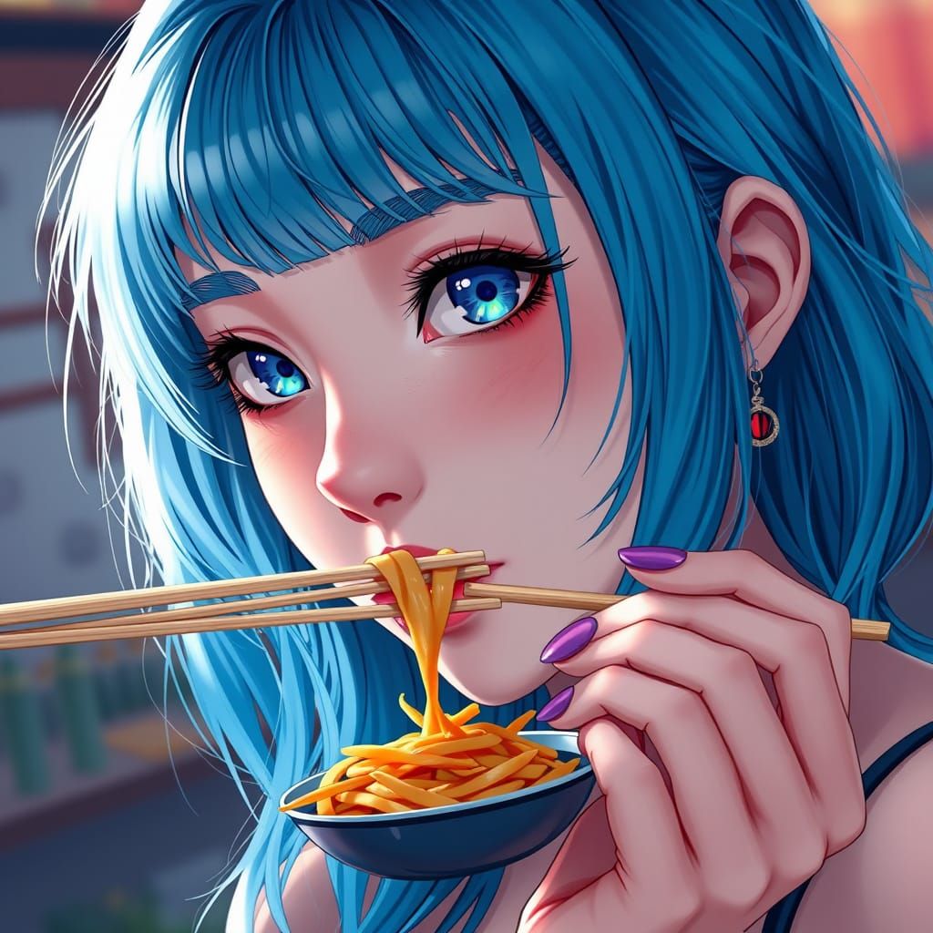Sensual Blue-Haired Woman Savoring a Moment with Chopstick