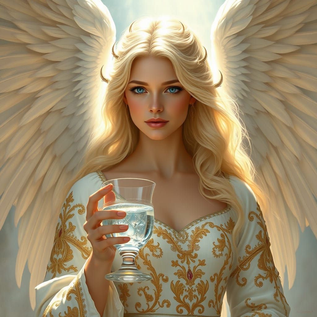 A winged realistic angel woman with blond to white hair and sapphire blue eyes with a fantastic glowing face dressed in ...
