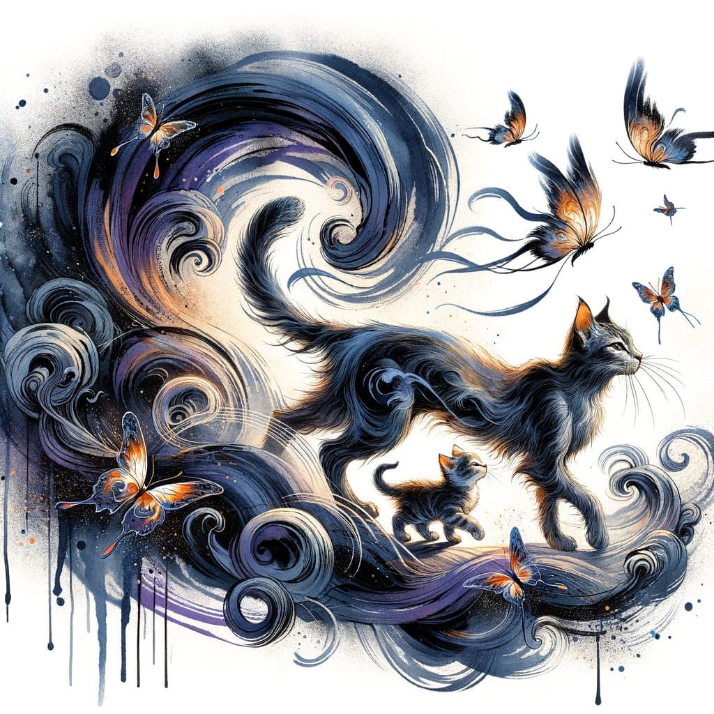 Mother Cat Teaches Kitten in Chinese Ink