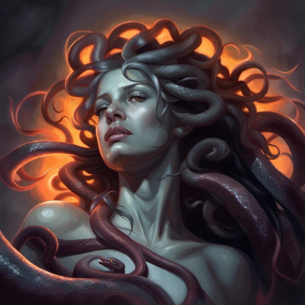 Medusa Portrait with Snake Hair, Hyperrealistic Digital Art