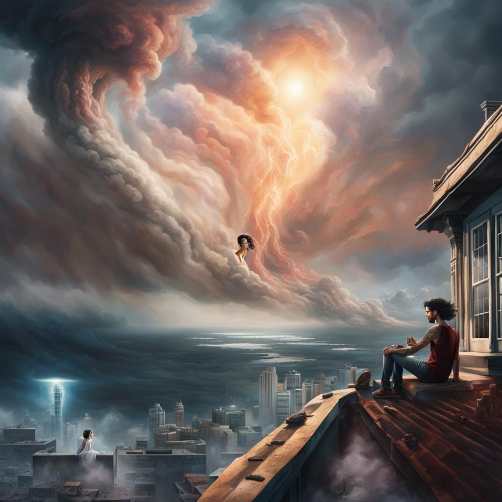 Woman Reaching for Vision During Hurricane, Fantasy Art