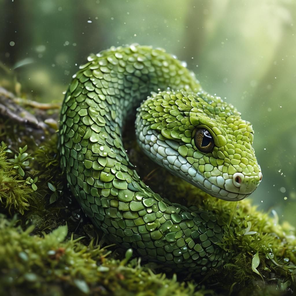 Adorable Baby Moss Snake in Watercolor Style