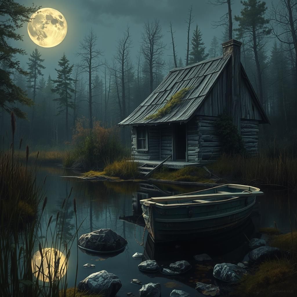 Moonlit Shack Reflects in Pond, Digital Matte Painting