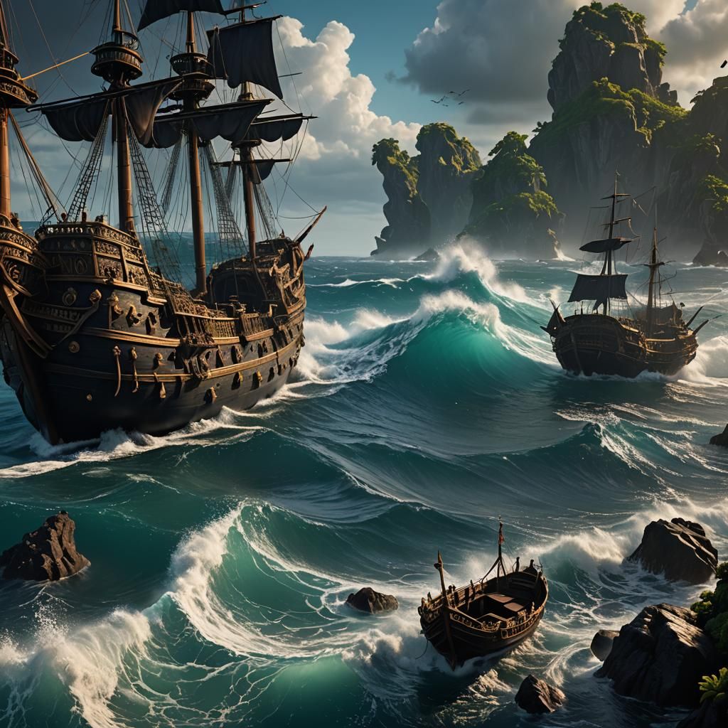 The Black Pearl on Caribbean Sea: Detailed Matte Painting