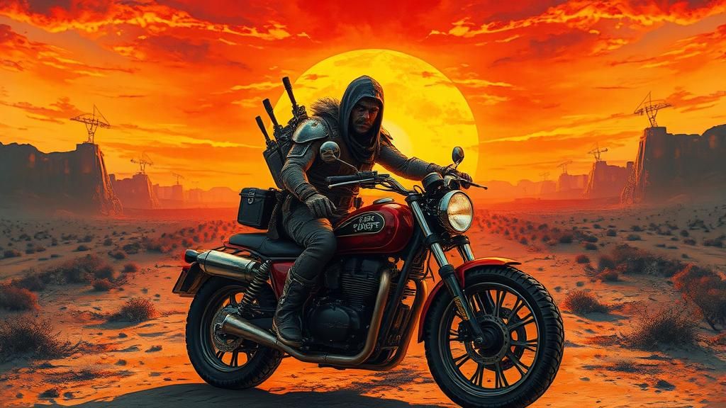 Post-Apocalyptic Warrior on Motorcycle in Gouache Style