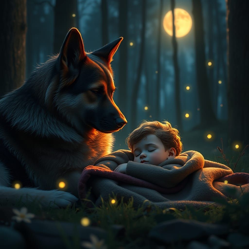 Guardian Shepherd in Moonlit Forest Glade