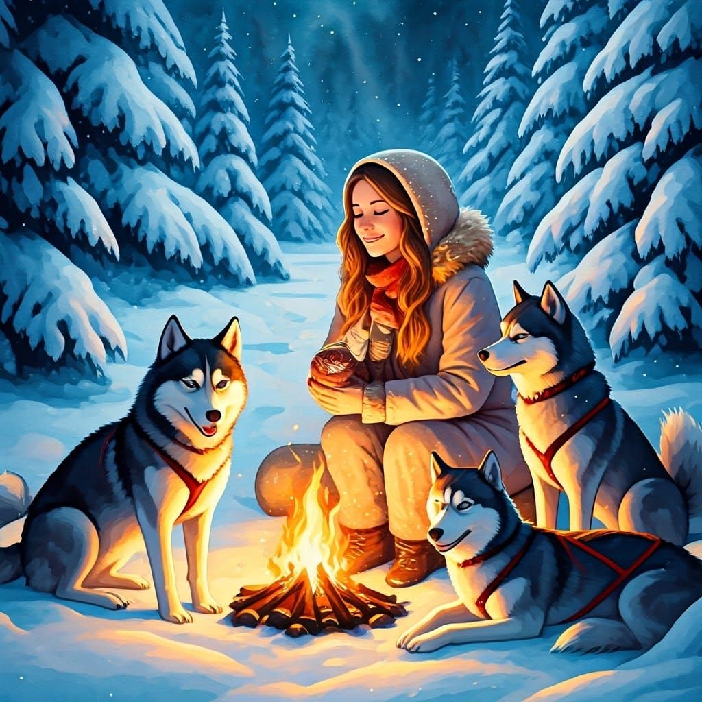 Whimsical Watercolor Winter Wonderland with Huskies and Camp...