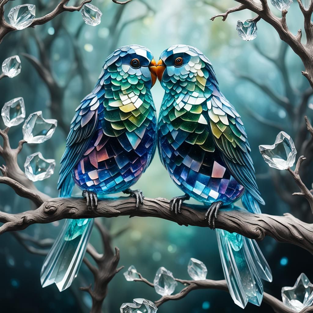 crystal lovebirds nestled on a tree branch