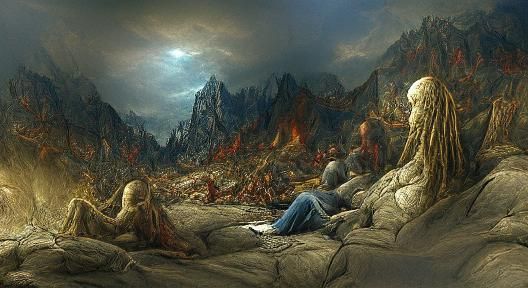 Post-Apocalyptic Firestorm Scene in Engraving Style