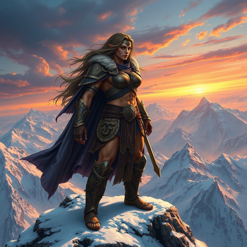 Amazon Warrior on Snowy Peak: Hyperrealistic Fantasy Art