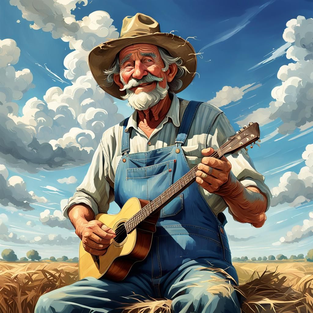 Happy Farmer Plays Guitar: Detailed Portrait