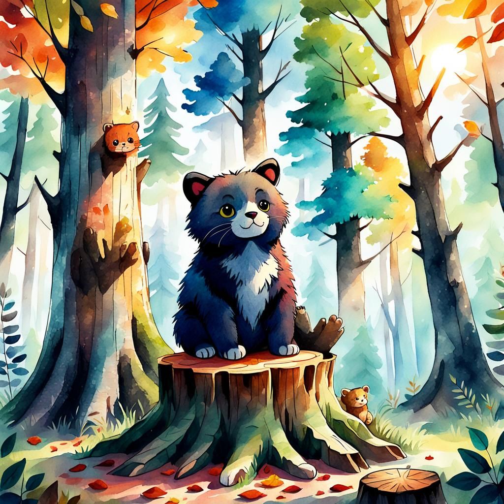 Cute Cat and Bear in Watercolor Forest