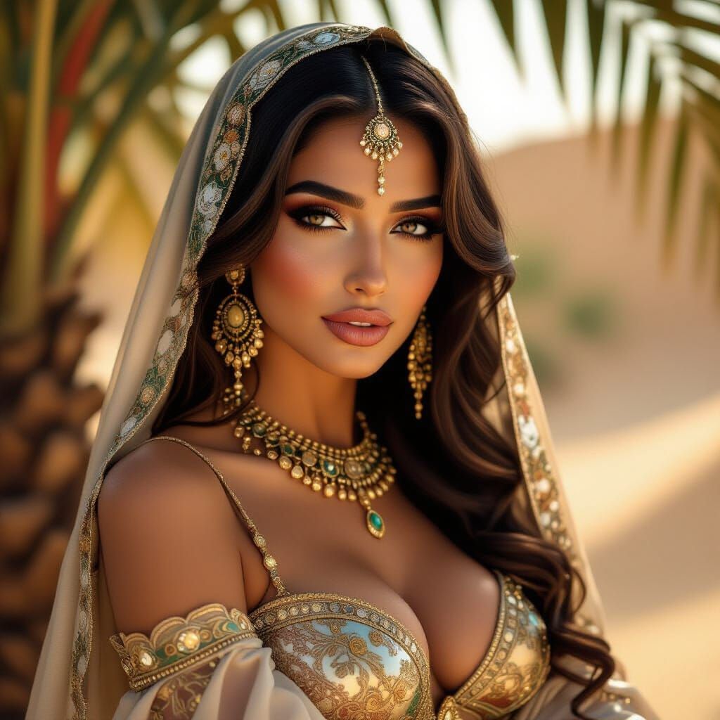 Arabian Beauty Portrait in Lush Oasis Hyperrealistic Style