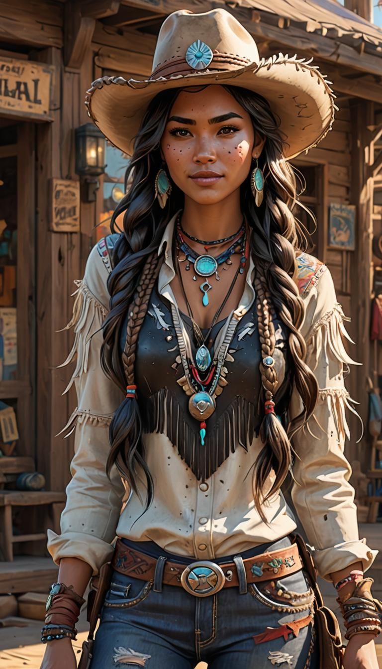 Stunning brunette woman with a dark tan in cowgirl clothing