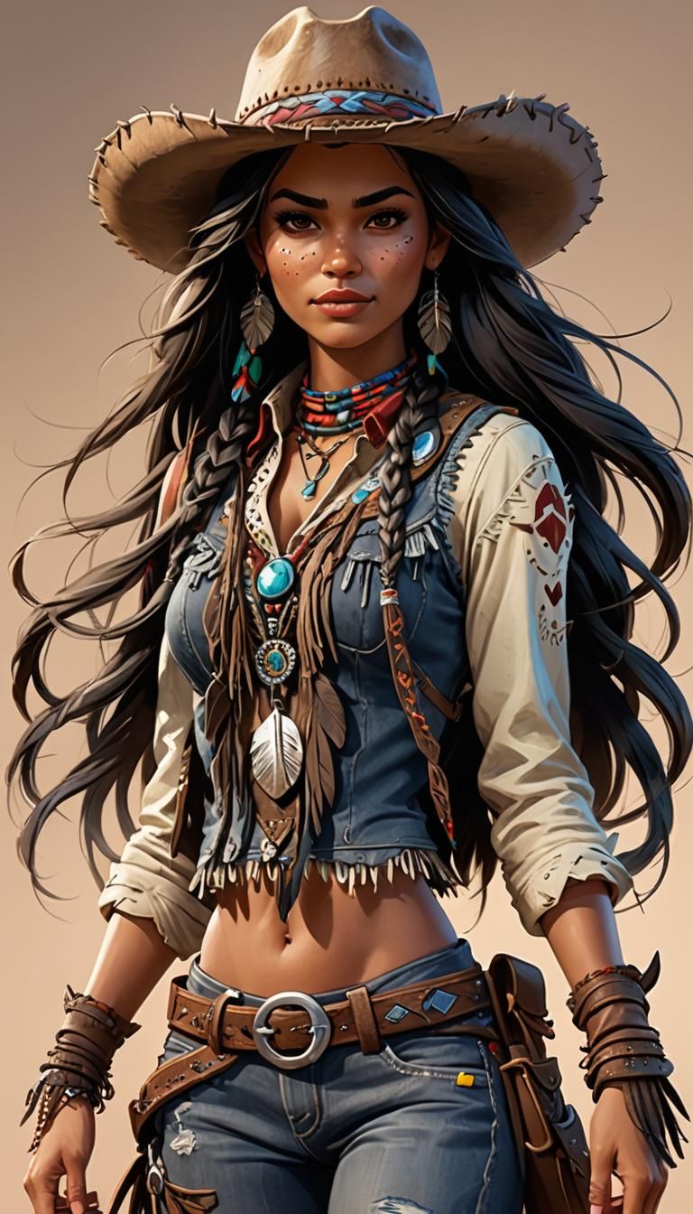 Stunning brunette woman with a dark tan in cowgirl clothing