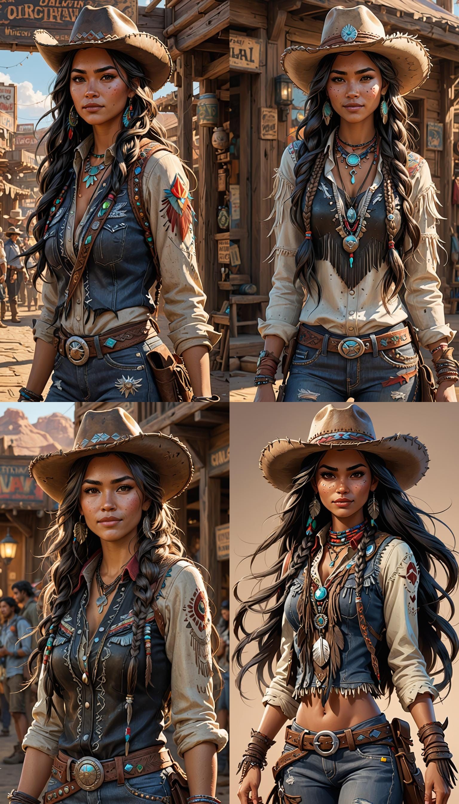 Stunning brunette woman with a dark tan in cowgirl clothing