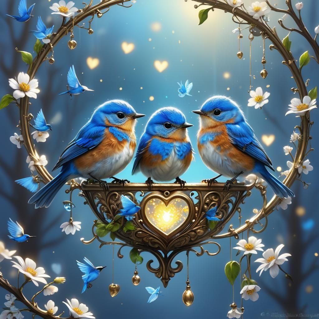 Whimsical Lovebirds in Surreal Art Nouveau Style