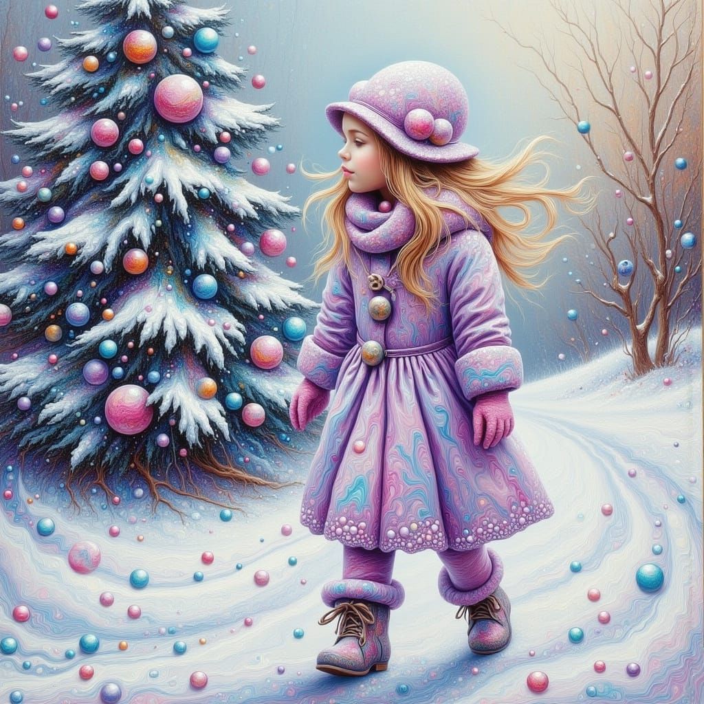 Young Girl in Lavender Coat Enjoys Winter Day