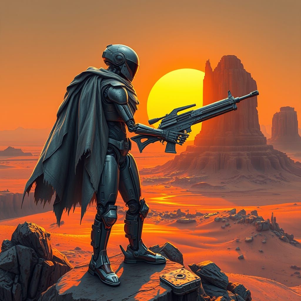 Battle-Worn Robot Gazes Towards Binary Sunset in Alien Deser...